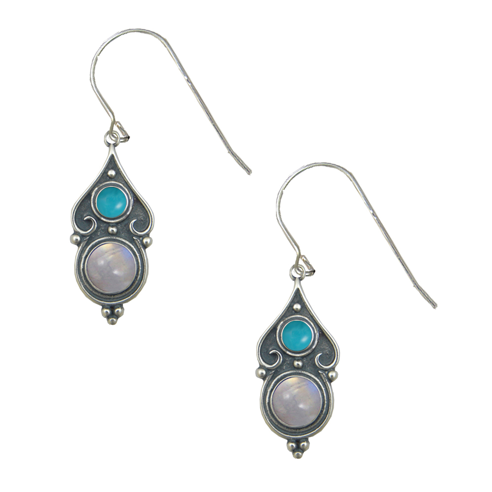 Sterling Silver Designer Post Stud Earrings With Rainbow Moonstone And Turquoise